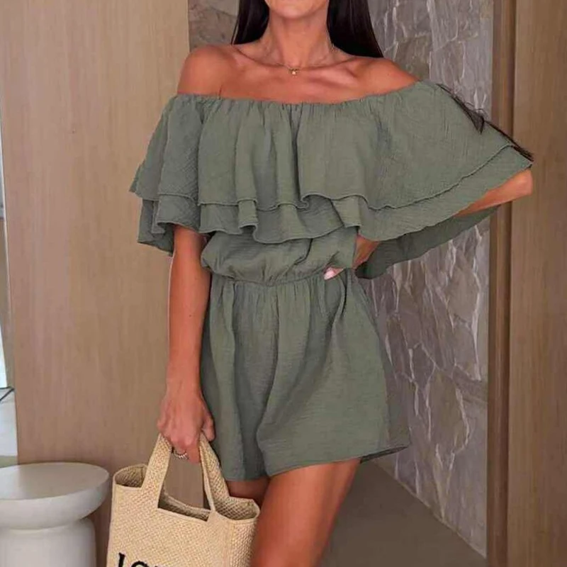 

Casual Hollow Out Off Shoulder Short Sleeved Romper Elegant Solid Commuting Playsuit Lady Sexy Slash Neck Ruffled Beach Jumpsuit