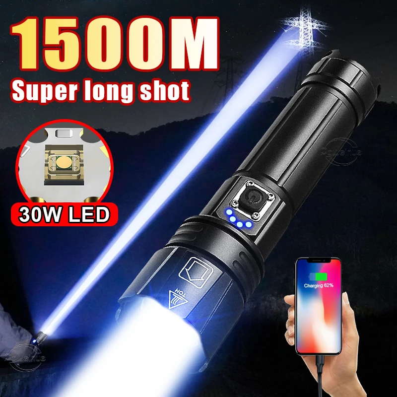 

30W Ultra Bright Flashlight 100000 Lumens Torch Light Type-C Rechargeable High-Power LED Waterproof Zoomable Tactical Lantern