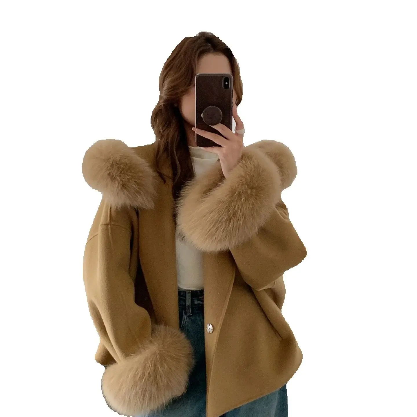 Korean sweet and cute 2025 Autumn/winter Loose hooded fox fur collar short double-sided woolen cashmere coat, woolen jacket for