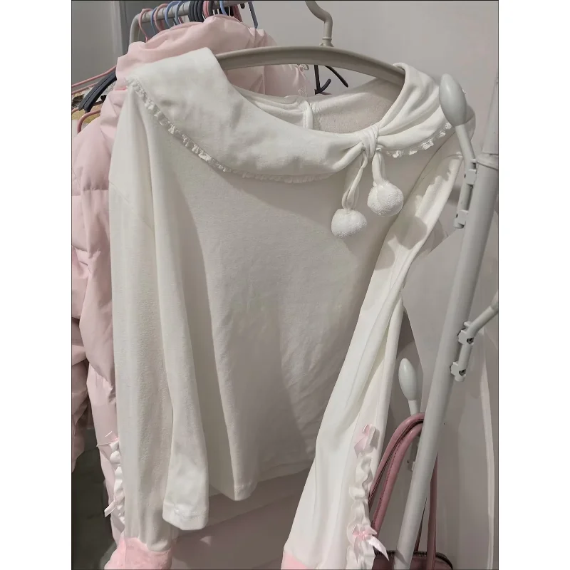 Lolita Sweet Bow Furry Patchwork Long Sleeve T-shirt Women Autumn Winter Y2k Aesthetic Base Tops Japanese Kawaii Tees