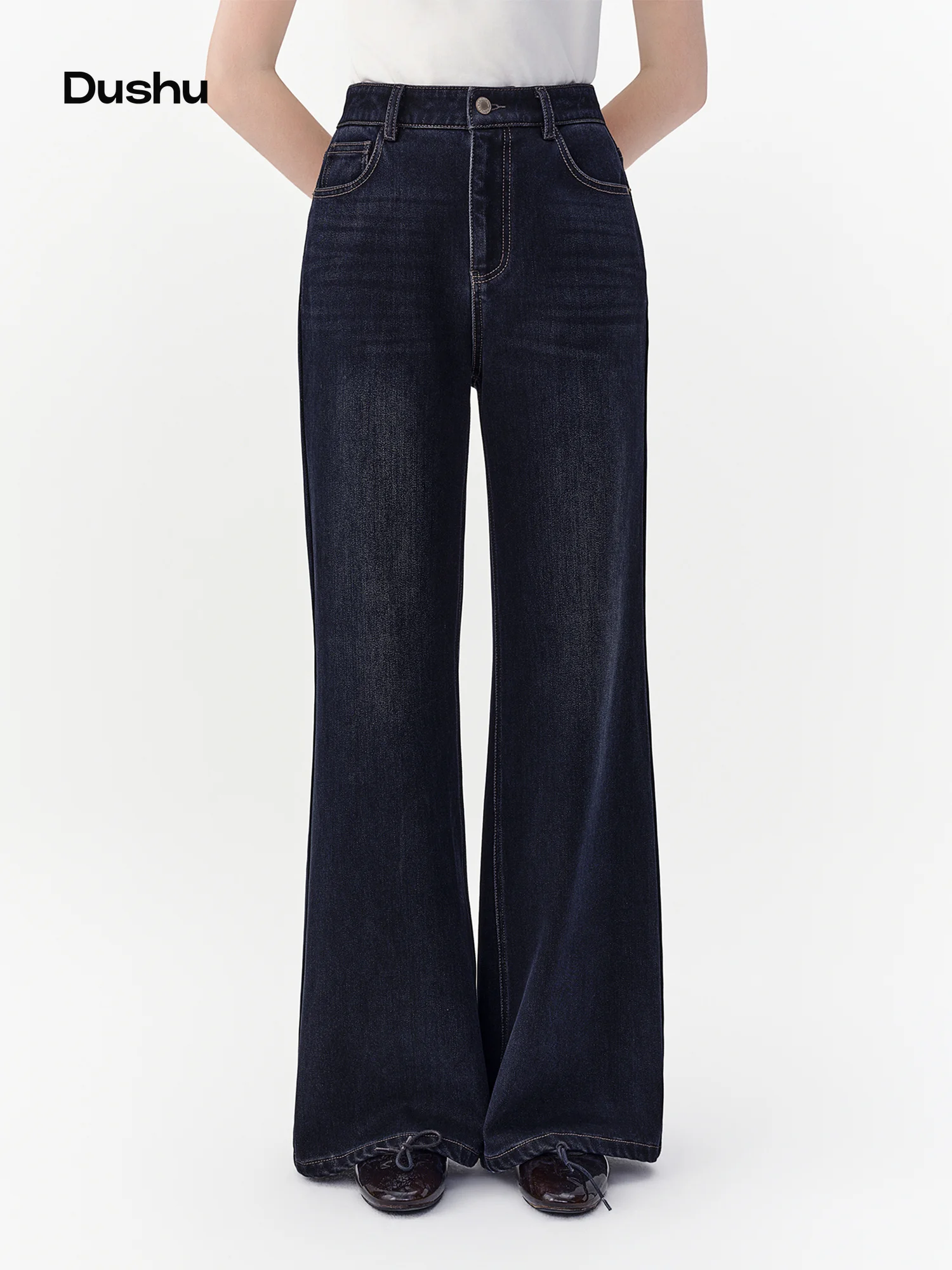 DUSHU 2026 Winter Women's Fleece-Lined Stretch Flared Jeans - Chic Warm Cozy Versatile Fitted Casual Pants for Daily Wear