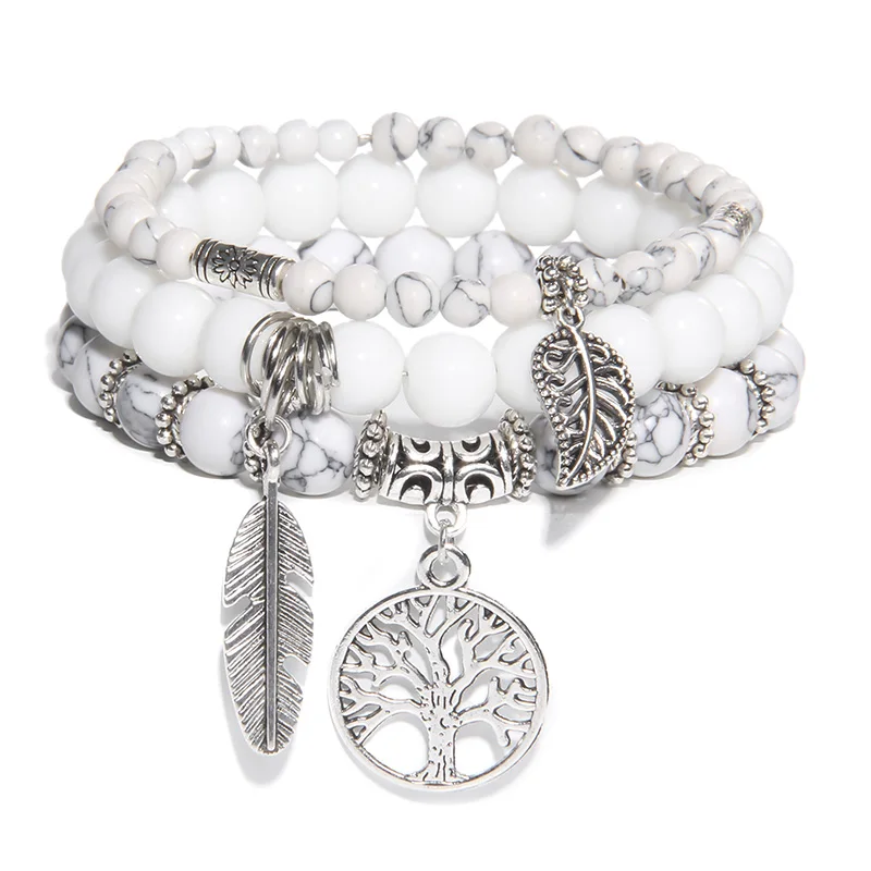 Tree Of Life Pendant Bracelet White Turquoises Natural Stone Beads Leaves Feather Charm Bracelet Set For Women Men Wristbands