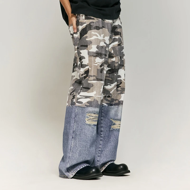 Retro Tattered Jeans Stitched Camouflage Printed Jeans Men and Women Street Fashion Brand Loose Wide-Leg Draggle-Tail Trousers