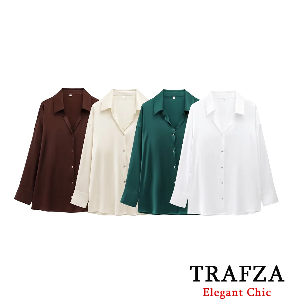 

TRAFZA-Women Basic Satin Shirt Mocha Mousse Long Sleeve Lapel Buttons Shirt New 2025 Spring/Summer Stylish Commuter Dinner Shirt