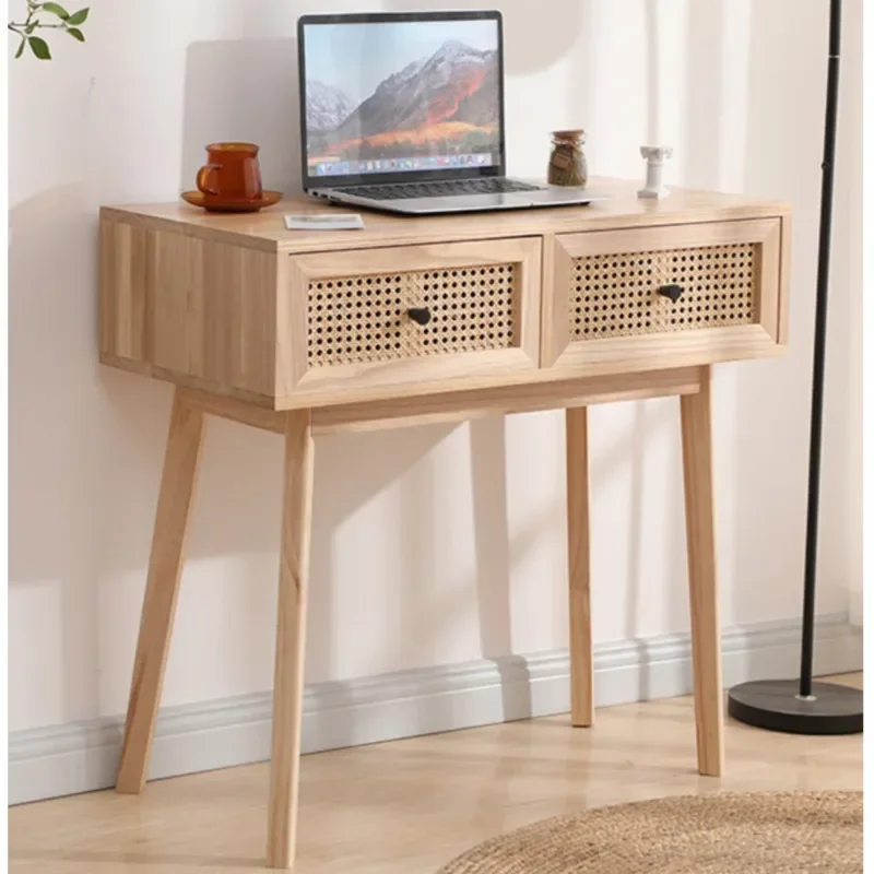 Modern Writing Desks Living Room Solid Wood Computer Desk Natural Vine Weaving Dressing Table Multigrid Drawer Storage Cabinet