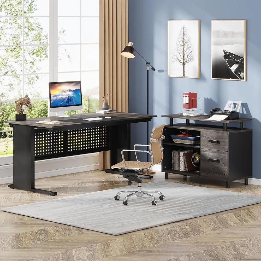 63 H Executive Desk With File Cabinet, Large Office Desk L Shaped Computer Desk With Drawers And Storage Shelves, Busin