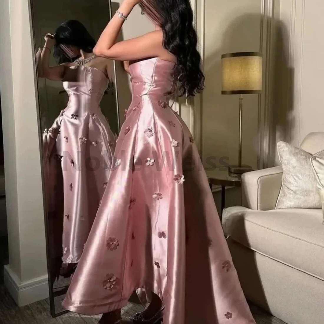 Атласное вечернее платье без бретелек с цветами и бисером, платье для выпускного вечера трапециевидной формы на заказ