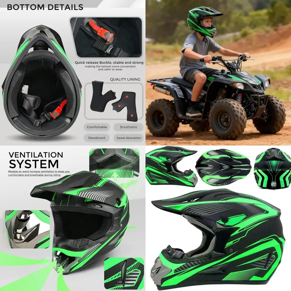 Jeugd ATV crossmotorhelm met handschoenen, bril en masker, DOT-gecertificeerd, 4-delige set, groen, maat S