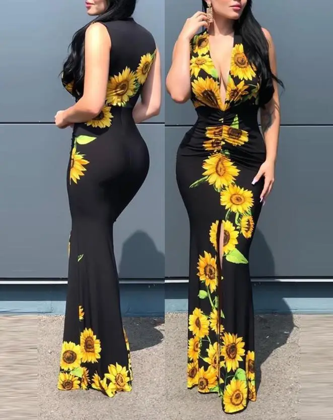 

Women's 2024 New Fashion Sexy Versatile Summer Dress Temperament Daily Sunflower Print High Slit Party Dress ﻿