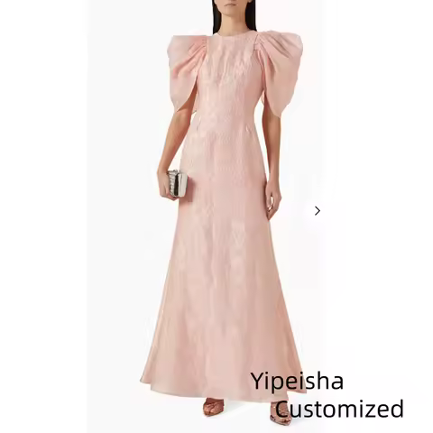 Customized Chic O-Neck Prom Dress Pink Party Dress Ankle Length and Puff Sleeves Evening Dresses