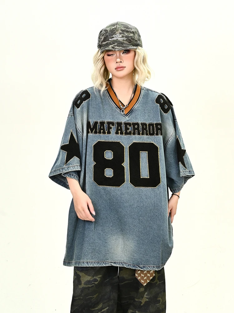 

Lazy V-Ne Denim ort Sve T-irt Women's Loose BF American Retro Sports Sle Summer Faionable Top Street Sle