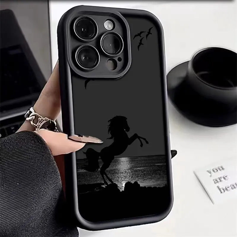 Horse Black Phone Case for iPhone 15 14 13 12 11 Pro Max Plus 13 Mini X XR XS MAX 8 7 Protection Silicone Soft Cover Coque