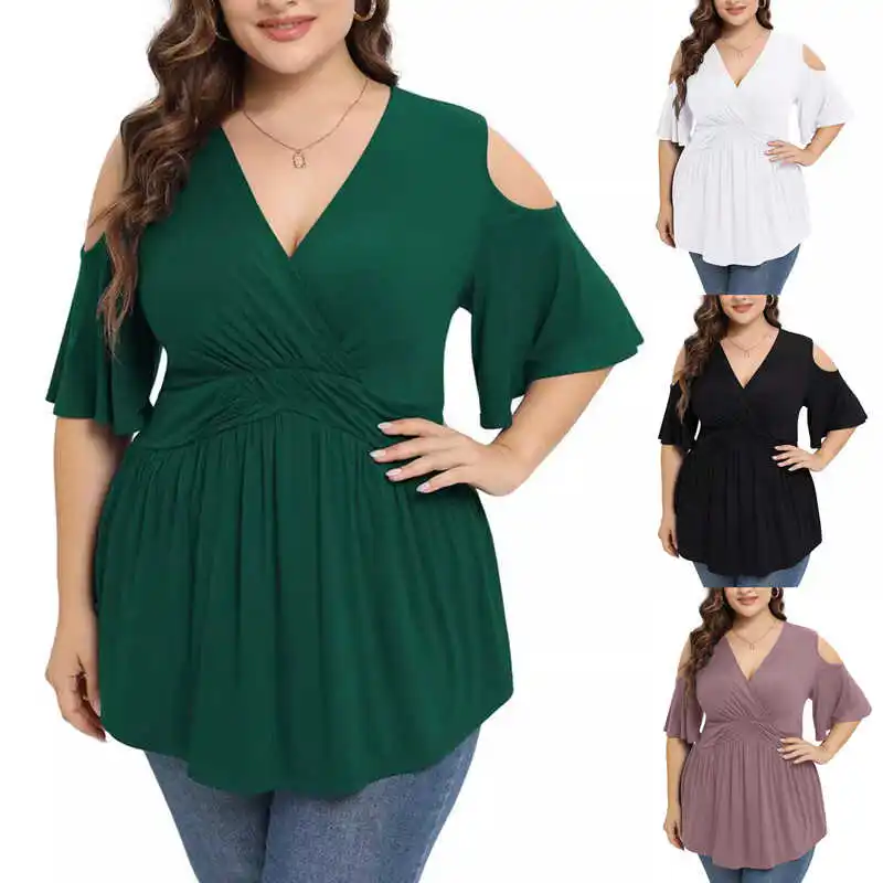 Plus Size Dames Zomer T-shirt V-hals Top 5XL Loose Fit ort Sve Gedrukt Polyester Casual irt Hollow out Design