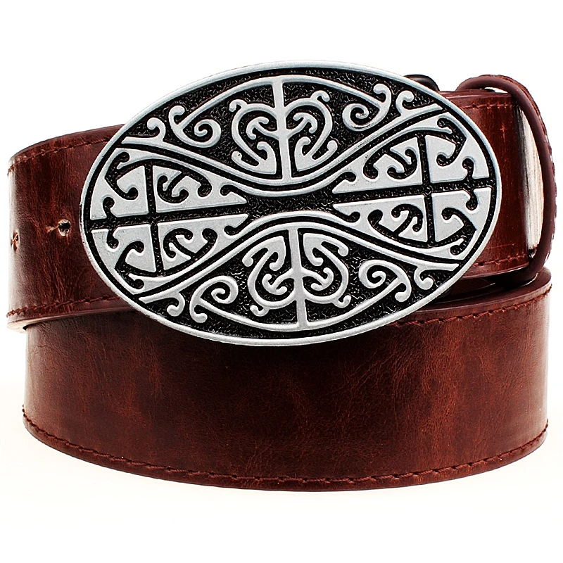 Fashion Leather Belts Big Metal Buckle Celtic Knot Style Weave Stripe Pattern Jeans Waistband For Men Women