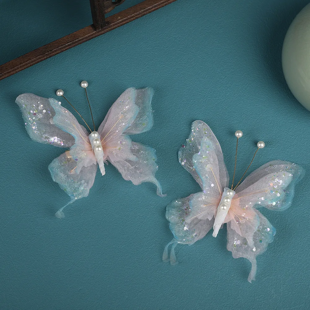 

New Antique Hair Accessories Original Design Handmade Pink Gradual Change Gauze Bug Body Butterfly Hairpin Hanfu Headdress