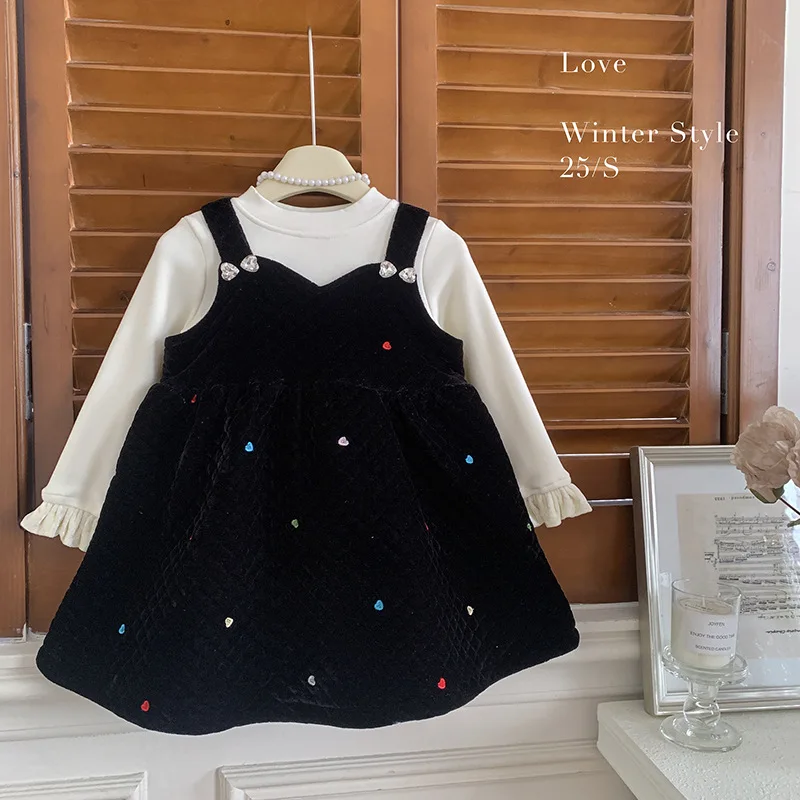 

2025 Winter Little Girls Two-piece Set Love Embroidery Thicken Warm Toddler Girls Dress+solid Color Kids Baby Girls Undershirt