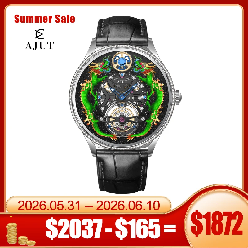 

AJUT Automatic Tourbillon Mechanical Watches For Men Flying Tourbillon Luxury 3D Dragon Dial Sapphire Men Watch 0585