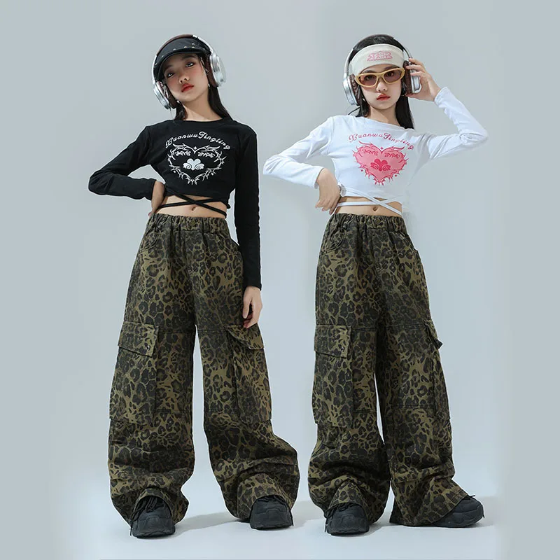 

Kid Hip Hop Clothing Heart Lace up Crop Top Long Sleeve T Shirt Leopard Casual Wide Cargo Pants for Girl Dance Costume Clothes