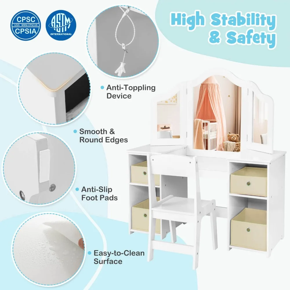 Kids Vanity Table & Chair Set 2-in-1 Princess Pretend Play Makeup Vanity Set