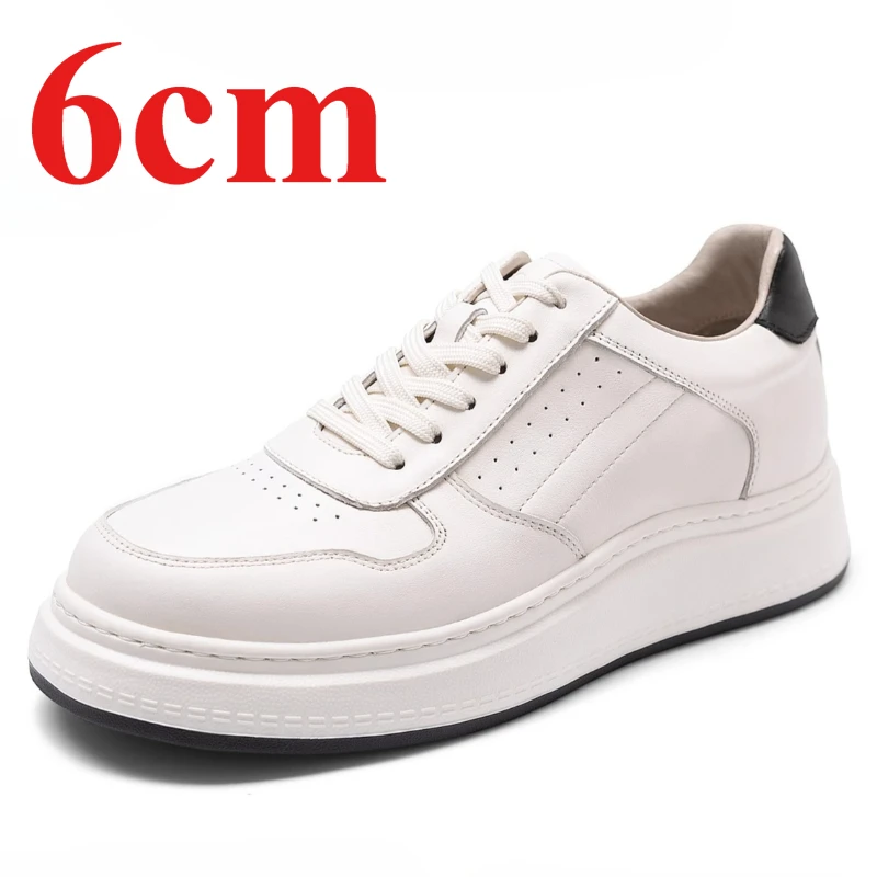 

Белые мужские туфли, увеличивающие рост, повседневная спортивная обувь из натуральной кожи с лифтом 6 см, удобная дышащая толстая подошва