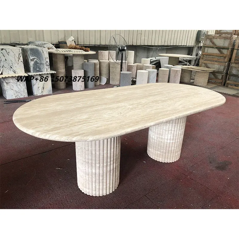 Customized Natural Travertine Dining Table Marble Stone Fluted Legs Polished Table for Hotel Restaurant