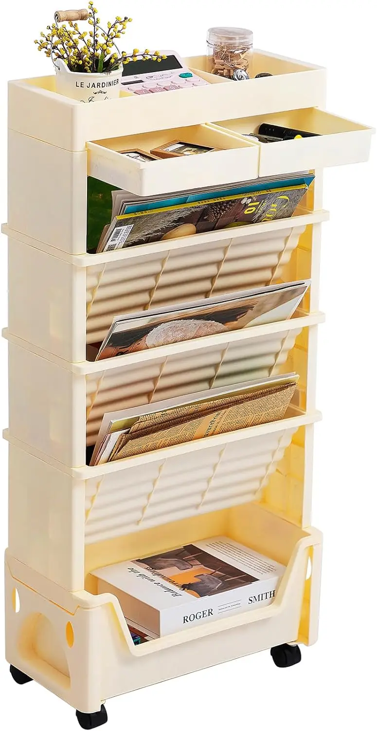 

Пятиуровневая передвижная тележка на колесах с разделенной верхней полкой для организации книг и принадлежностей дома, в офисе, классе