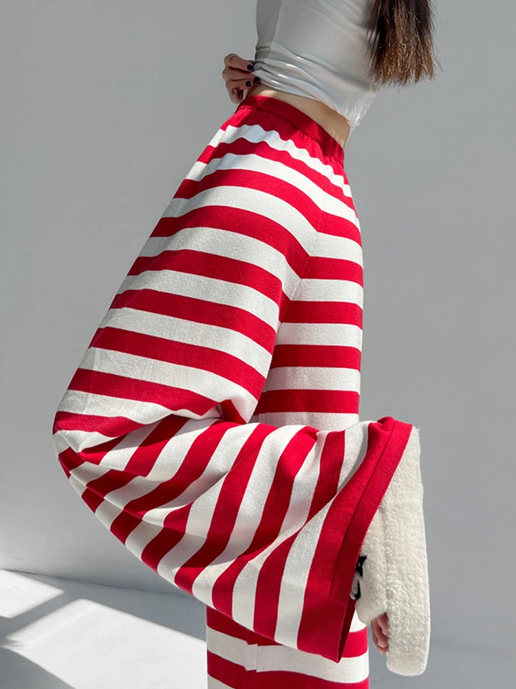 Jmprs Casual Striped Knitted Pant Women High Waist Fashion Sweet Wide Leg Trousers Korean Chic Fall Winter Female Elegant Pants
