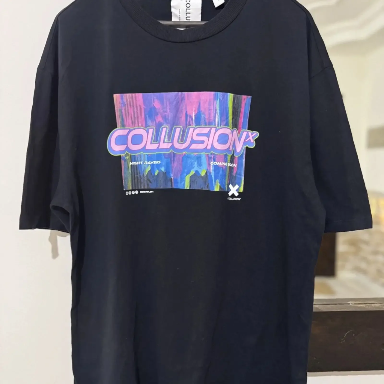 Collusion Night Ravers T Shirt Mens Small Black Oversized Cyber Neon Rave vintage Washed graphic Top For Everyday Wear