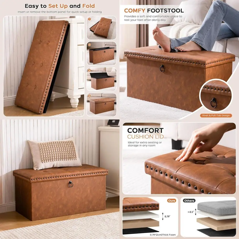 

30-дюймовый складной пуф для хранения, коричневая кожаная скамья с декоративными заклепками, грузоподъемность 150 кг, для гостиной, спальни, прихожей