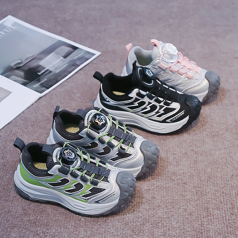 Kids Sneakers Mesh Breathable Children Running Shoes Toes Capped 2026 New Fashion Boys Girls Casual Sports Shoes Rotating Button
