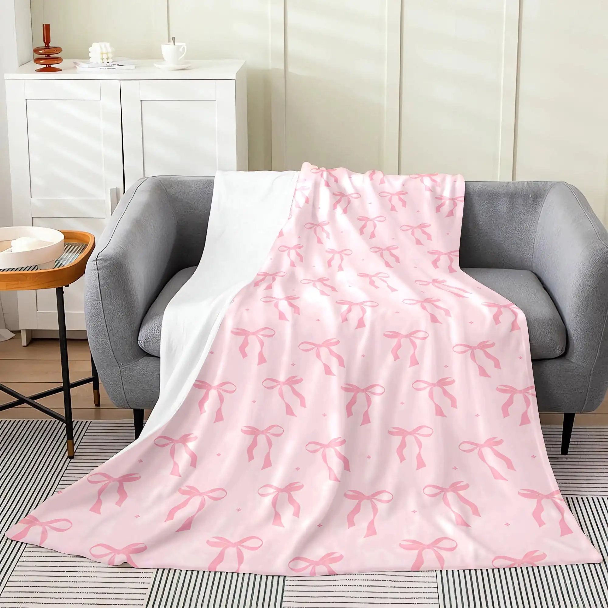 Soft Pink Flannel Blanket with Cute Bow Print Throw for Bed Sofa Chair Camping Office Gifts Versatile All Season Use