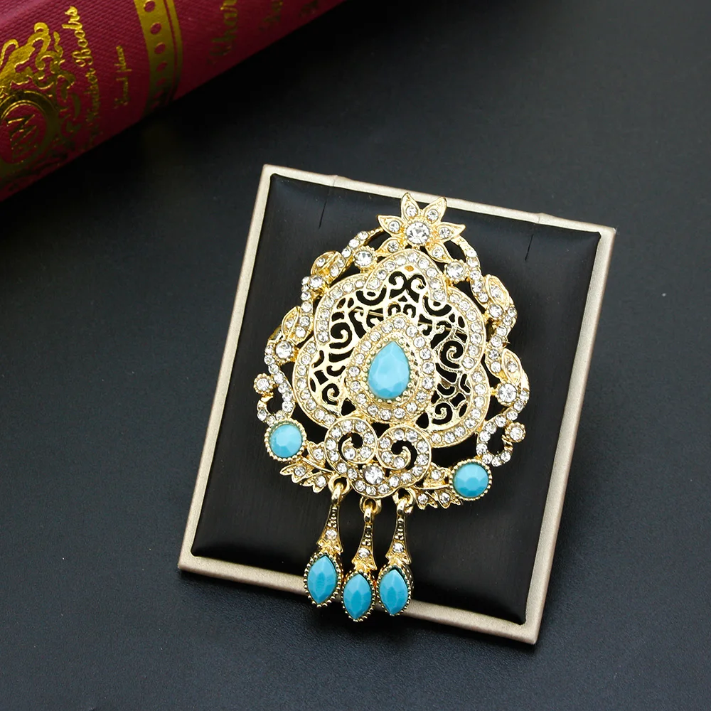 Gold Color Caftan Brooch for Women Moroccan Wedding Dress Jewelry Turkish Arabic Crystal Hijab Lapel Flower Brooch Pins