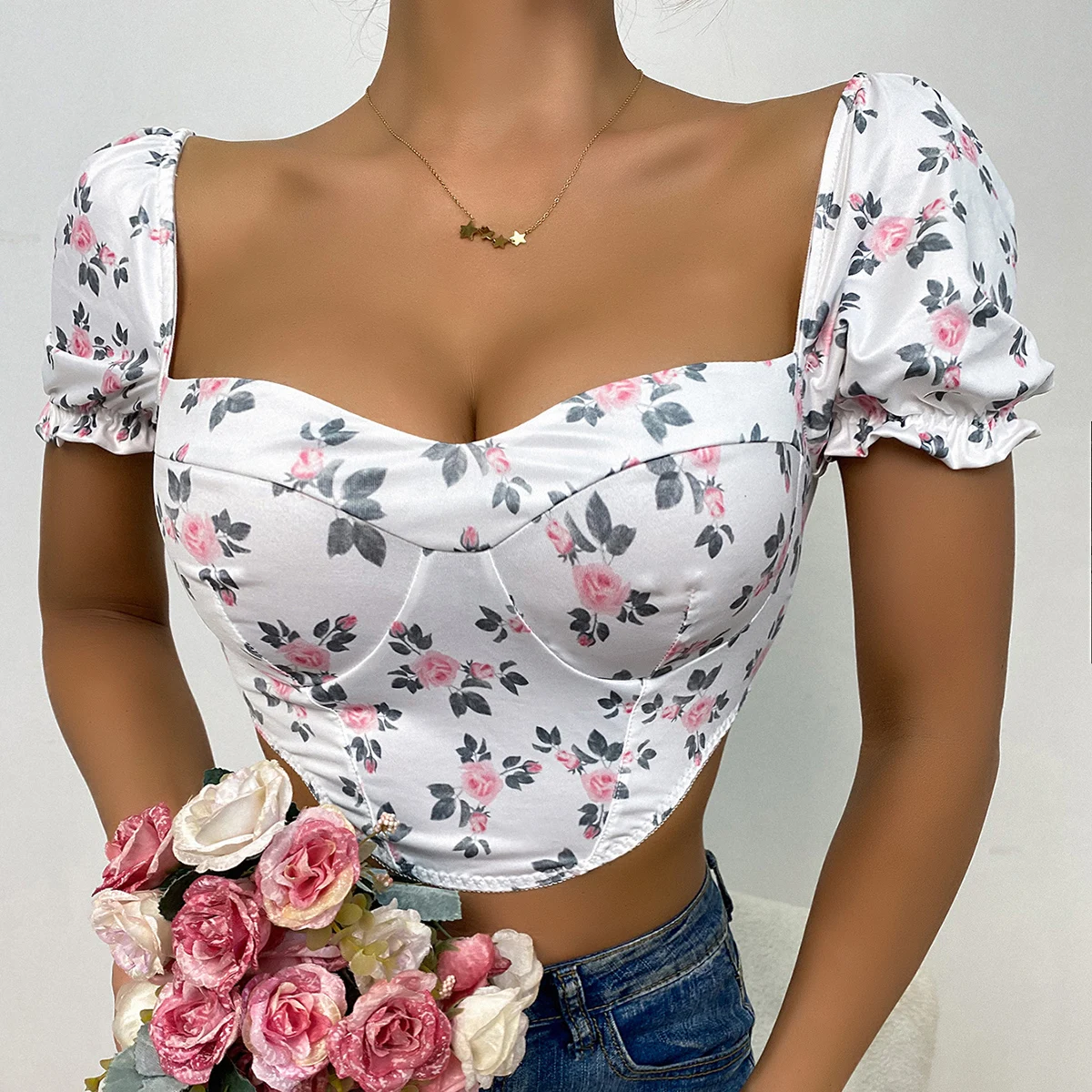 

french printed top summer new style floral vest strapless wearing spicy and sexy shaping underwear单件 top