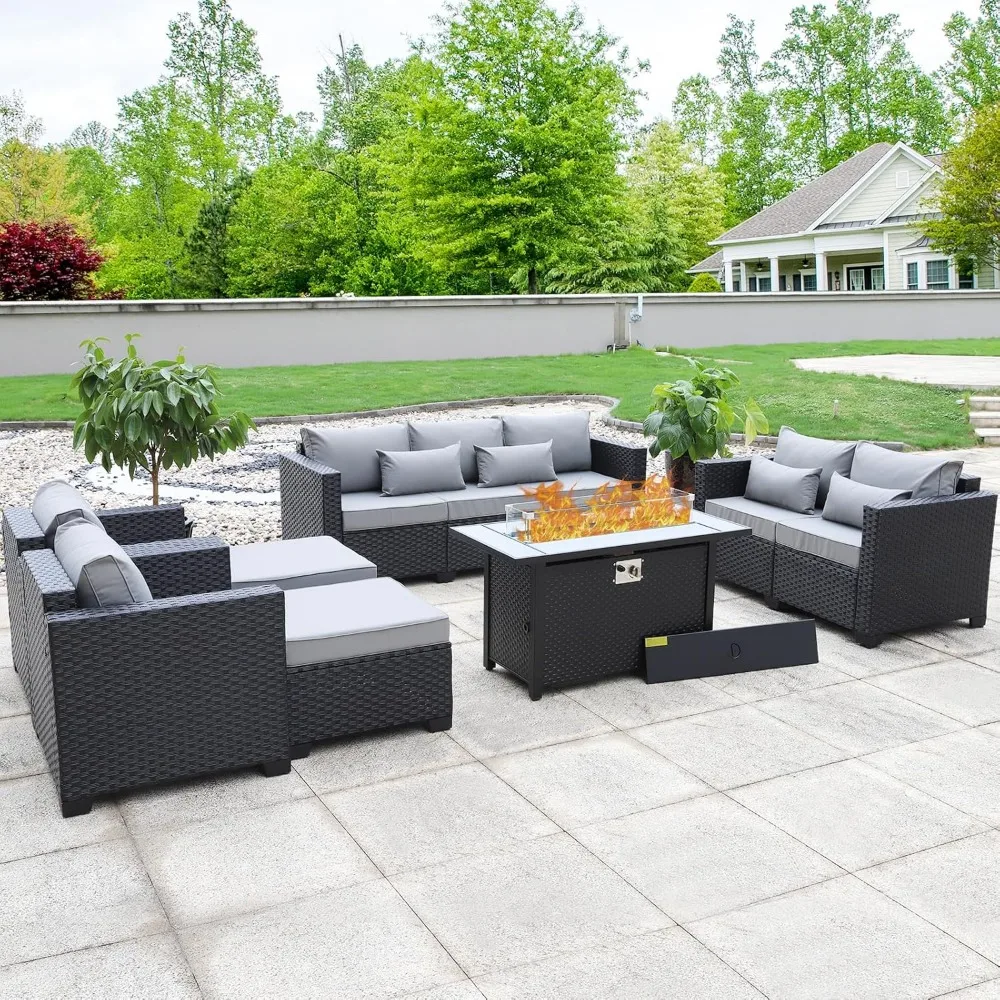 7 PCS Outdoor Furniture Sets 45-Inch Fire Pit Table Patio Furniture Set No-Slip Cushions and Waterproof Covers, Sofa