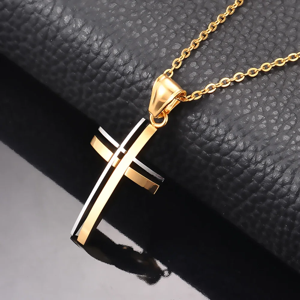 Black Hollow Cross Pendant Stainless Steel Necklace Religious Cross Simple Jewelry Gift for Men Women