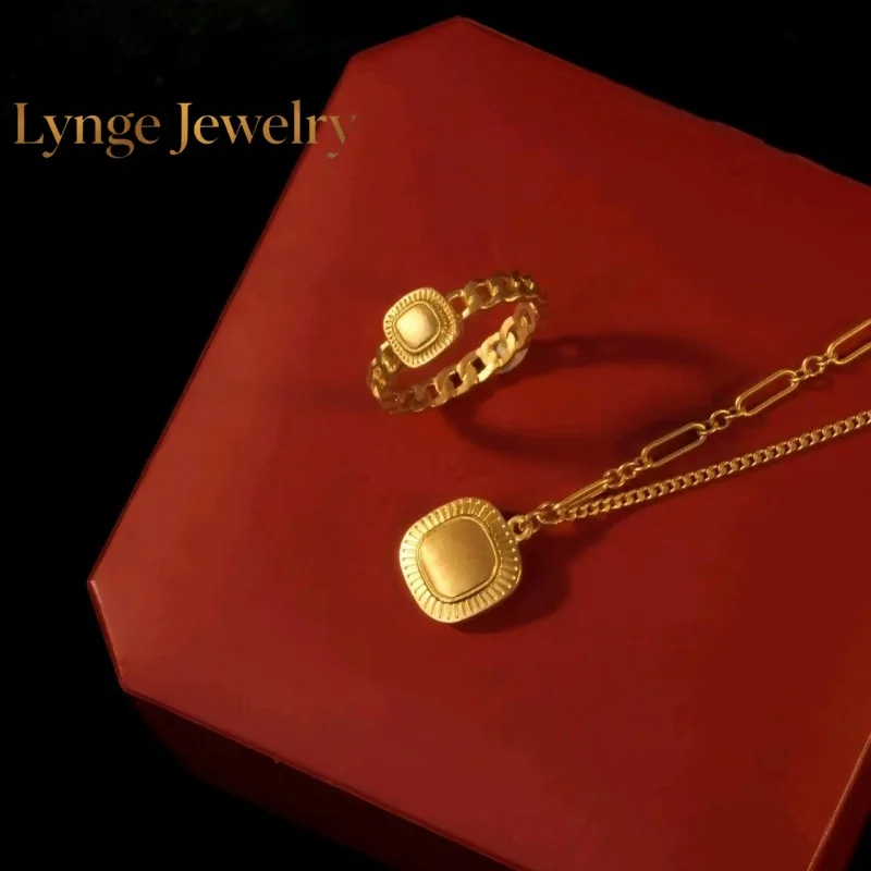 Lynge Jewelry 9999 24K Real Gold Golden Years Jewelry Three Piece Set  Necklace, Small Square Candy Earrings, Retro Luxury Jewel