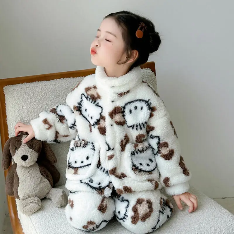 أنيمي مرحبا كيتي جديد الفانيلا ملابس المنزل لخريف شتاء لطيف ليوبارد طباعة سترة دعوى الطفل الدافئة الكرتون منامة دعوى