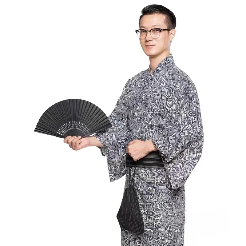 2024NEW Japanese Traditional Samurai Kimono For Man Retro Yukata Bathing Robe Hekoobi Loose Sauna Wear Homewear Belt Long Gown