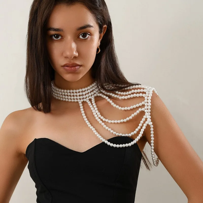 2024 Fashion Creative Imitation Pearl Tassel Shoulder Chain Body Chain for Women Girls Personality Metal Geometric Body Jewelry