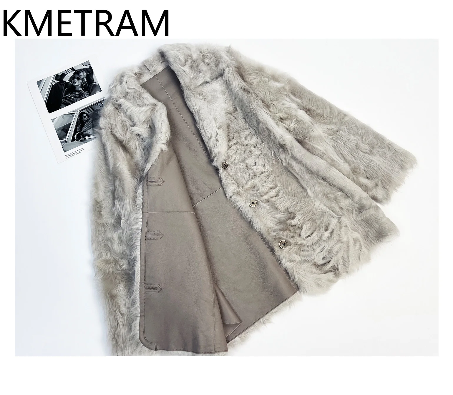 KMETRAM Natural Sheepskin with Wool Attached Coat Light Grey Suit Collar Reversible Real Fur Jacket Woman Clothing Winter шуба