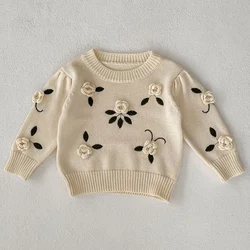 2024 New Autumn Children Clothes Kids Sweater Toddler Baby Girl Knitting Pullover Tops Long Sleeved Floral Embroidery Sweater