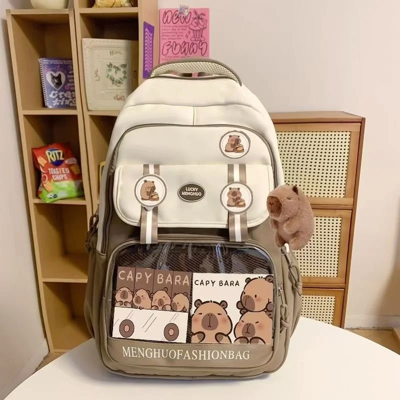 Cute Capybara Backpack badge Backpack Plush Schoolbag Cartoon Soft Funny Animal Large Capacity Stuffed Unisex Aesthetic Backpack