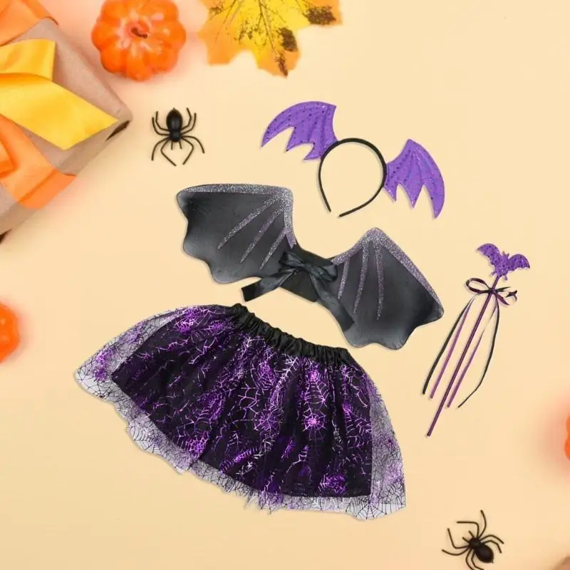 652F مجموعة أزياء الخفاش المكونة من 4 قطع من إكسسوارات أزياء الهالوين للأطفال، بما في ذلك جناح الخفاش والتنورة وعصابة رأس جناح #4