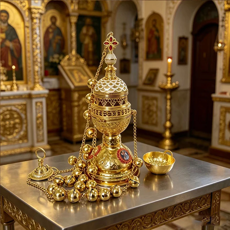 Vintage vergoldeter orthodoxer hängender Weihrauchbrenner mit emaillierten Ikonen und Glocken für den Heimaltar, Gebet, Andacht, christliche religiöse Zeremonien – Detail 3