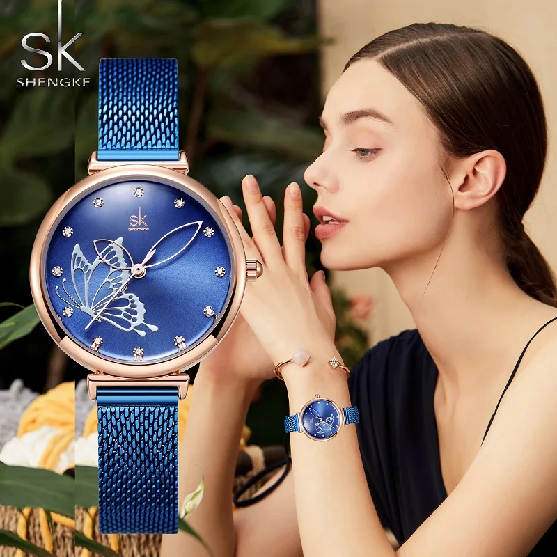 SK Original Design Frauen Mode Uhren Blau Edelstahl Damen Quarz Armbanduhr Shengke Elegante frau Schmetterling Uhr