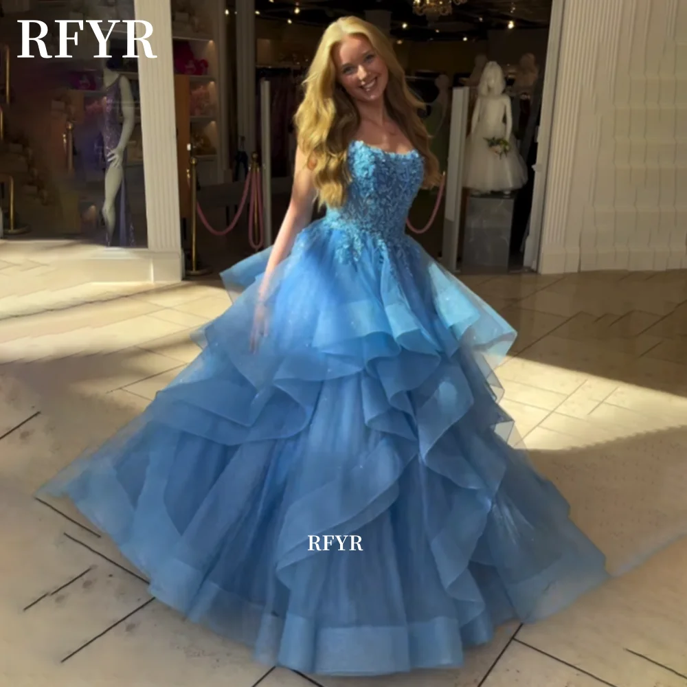 

RFYR Lace Up Back Fluffy Prom Dress Lace Applique Evening Dress Scoop Neck Party Princess Gown فساتين مناسبة رسمية Customized