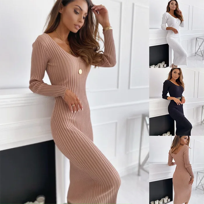 

Spring Women's V-neck Slim Dress Pit Strip Solid Color Long Sleeves High Waist Fashion Backless Simple Date Long Skirt