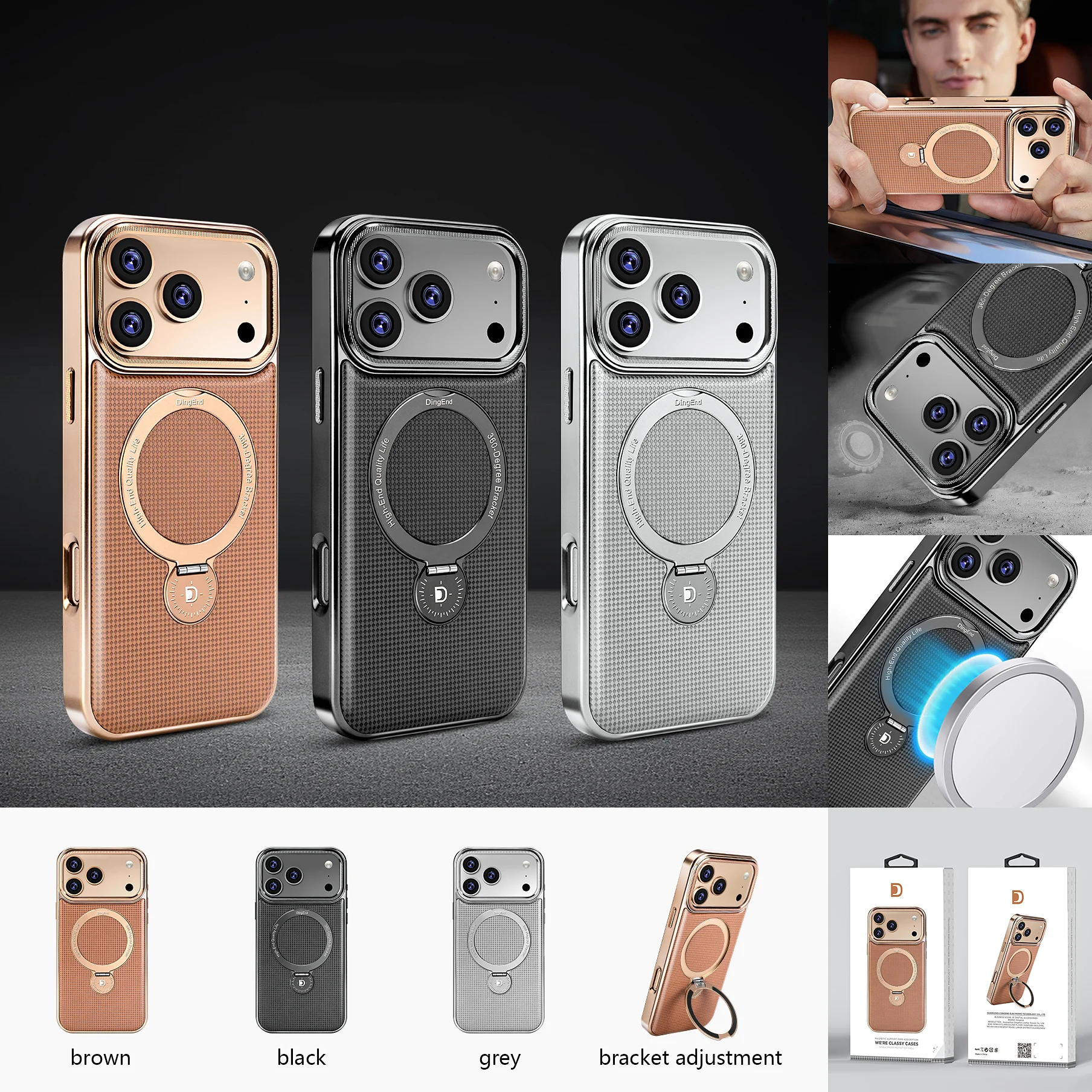 

Diamond Pattern Leather Phone Case for i iPhone 17 16 15 14 13 12 Pro Max 17Air Mechanical Magnetic Rotating Metal Bracket Cover