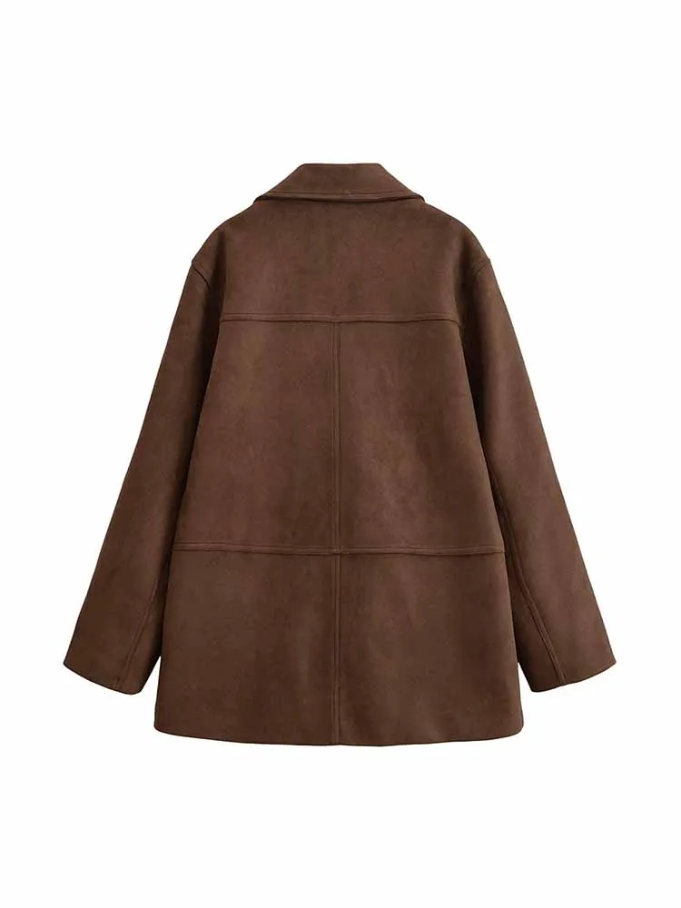 النمط الأوروبي والأمريكي الخريف موضة جديدة الملابس النسائية فضفاضة بسيطة متعددة الاستخدامات من جلد الغزال سترة فضفاضة