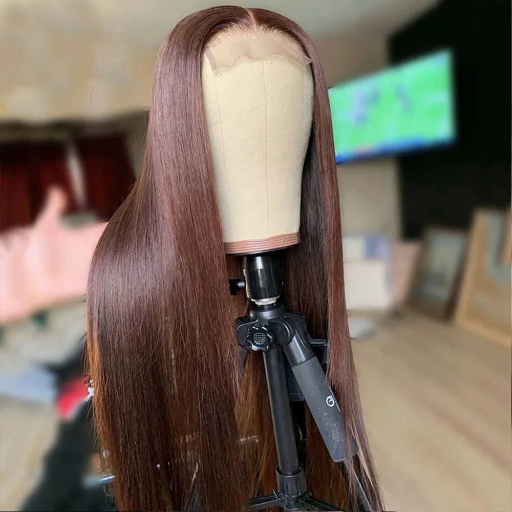 Zachte 30Inch Bruine Rechte 5X5 Zijden Basis Joodse Mensenhaar Pruiken Met Babyhaar Hd Kant Europese Haar Lijmloze Prepluckedwig